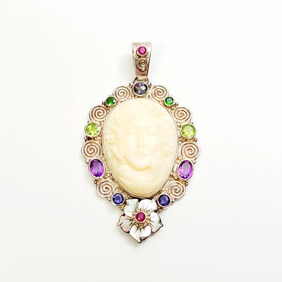 Sajen Sterling Silver Carved Shell Goddess Face Gemstone Pendant #8352 - Picture 1 of 6